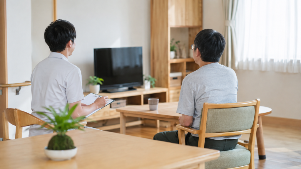 日本の障がい者グループホームの明るい共有リビングで、支援者と入居者が穏やかに話している後ろ姿の様子