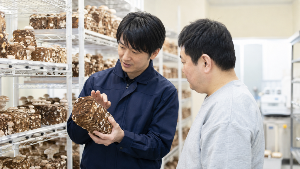 就労継続支援B型事業所の菌床しいたけ栽培室で、支援スタッフから作業内容の説明を受ける利用者