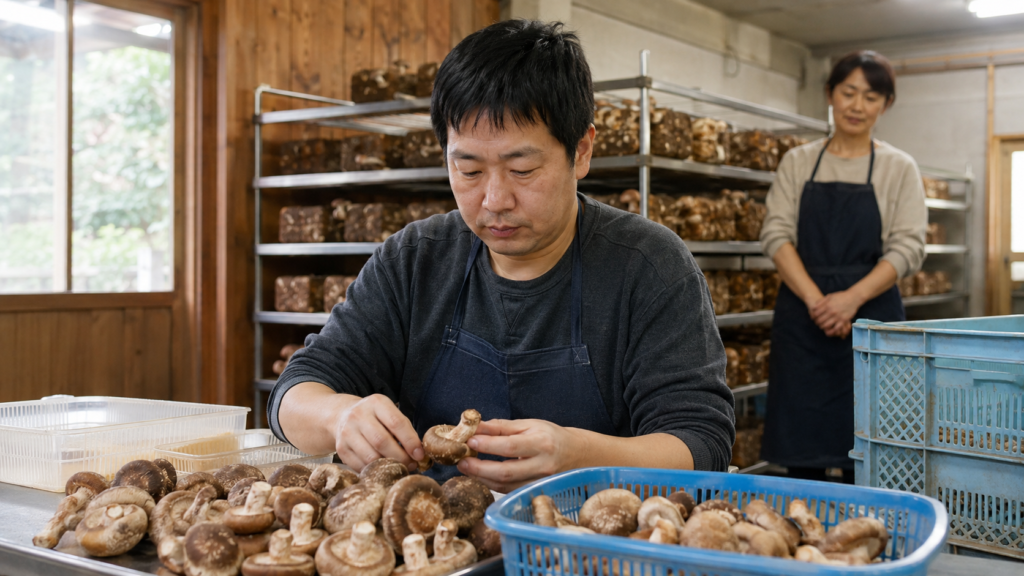 小田原市のしいたけ栽培作業所で収穫したしいたけを丁寧に仕分けする日本人利用者