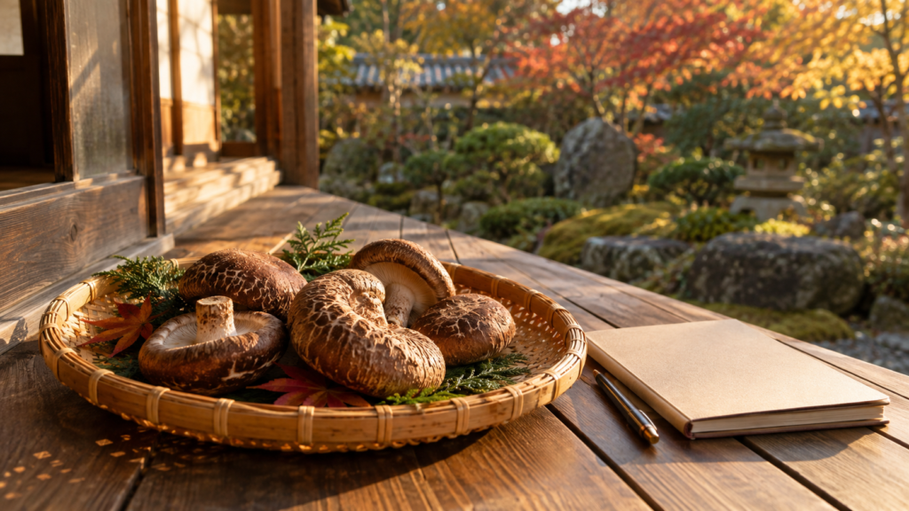 秋の午後の縁側で、竹ざるに盛られた肉厚な菌床生しいたけと、そばに置かれた無地の手帳とペンを写した落ち着いた写真