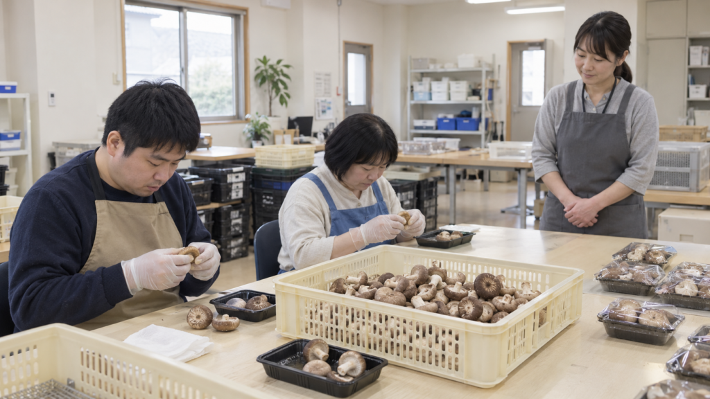 就労継続支援B型事業所の作業室で、利用者二名がしいたけを確認しながらパック詰めし、支援スタッフが見守っている様子