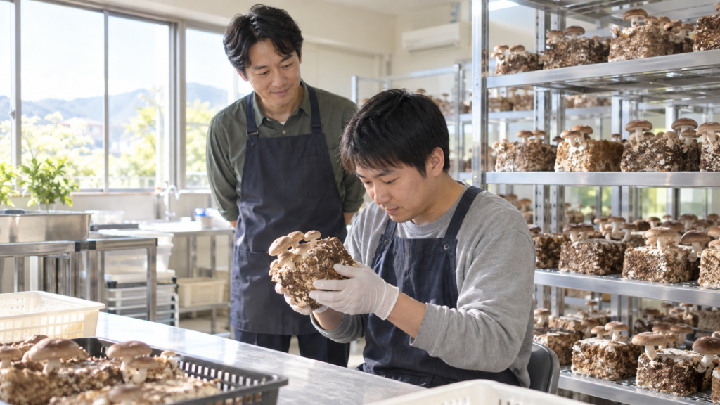 就労継続支援B型事業所でしいたけの菌床を丁寧に確認する日本人利用者を支援スタッフが見守る様子