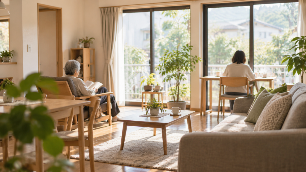 日本の障がい者グループホームの明るいリビングで、親世代が見守る中、入居者が窓辺で自分の時間を過ごしている様子