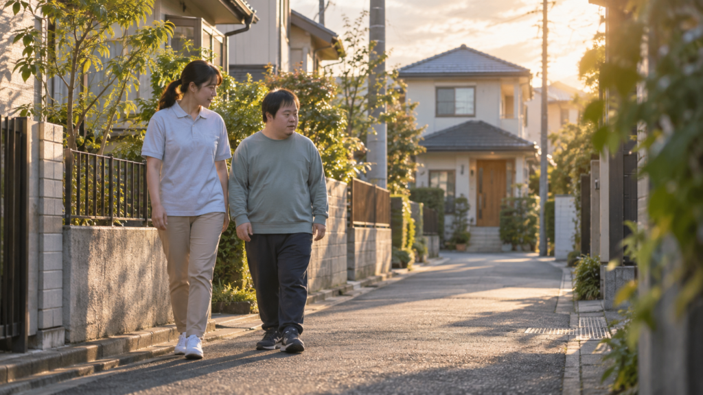 日本の障がい者グループホーム近くの住宅街で、入居希望者とスタッフが夕方の小道を並んで歩いている様子