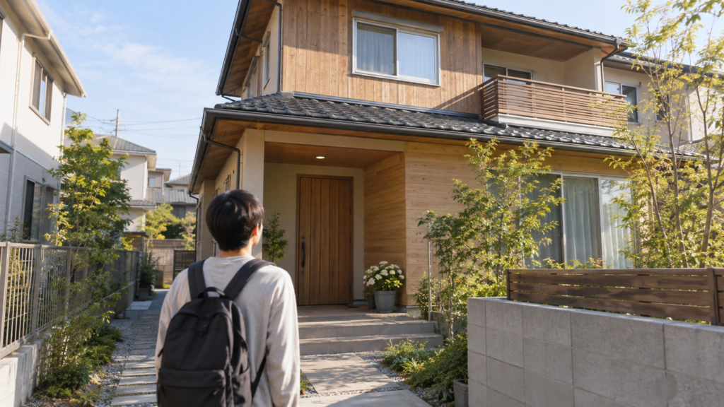 日本の障がい者グループホームの一軒家を玄関前から見上げる若い入居希望者の後ろ姿