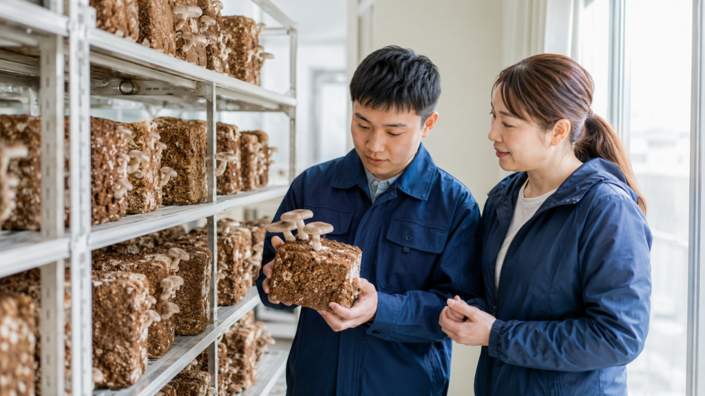 明るい福祉作業所で、しいたけの菌床を支援スタッフと一緒に確認する日本人利用者の様子