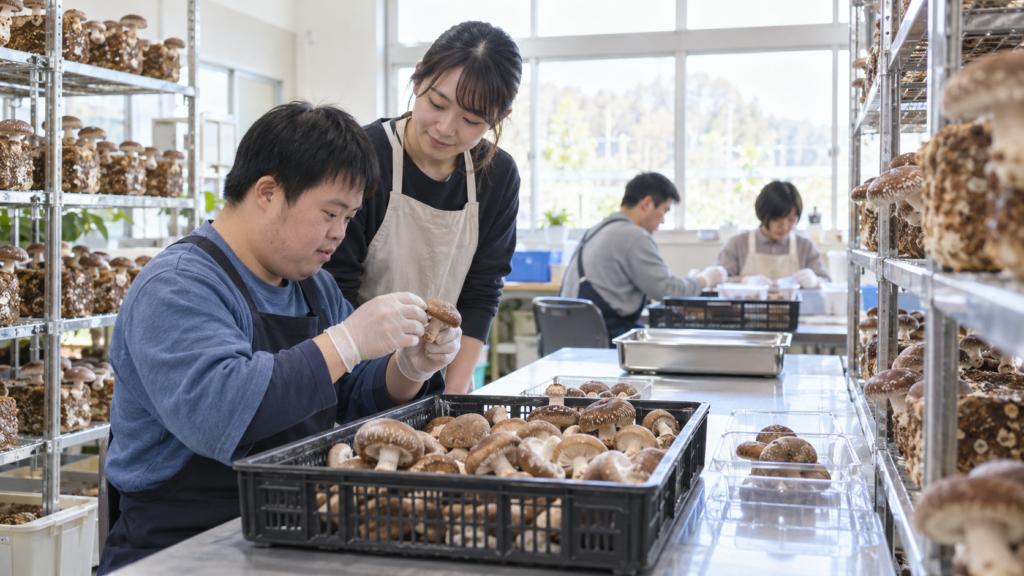 日本の福祉施設で、しいたけ栽培作業に取り組む利用者を支援スタッフがやさしく見守っている様子
