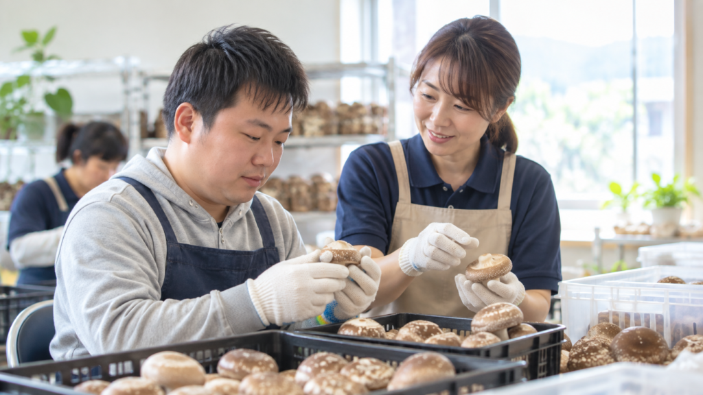 日本の福祉作業所でしいたけ栽培の作業台を挟み利用者とスタッフが作業内容を確認している様子