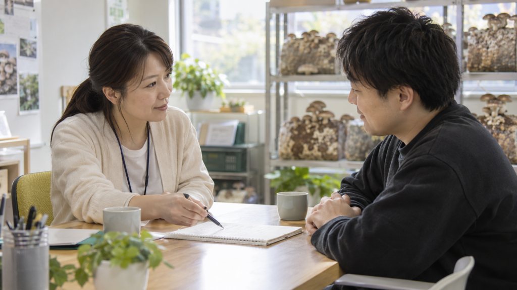 就労継続支援B型事業所の明るい相談スペースで、支援スタッフと利用希望者がメモを見ながら落ち着いて話している様子