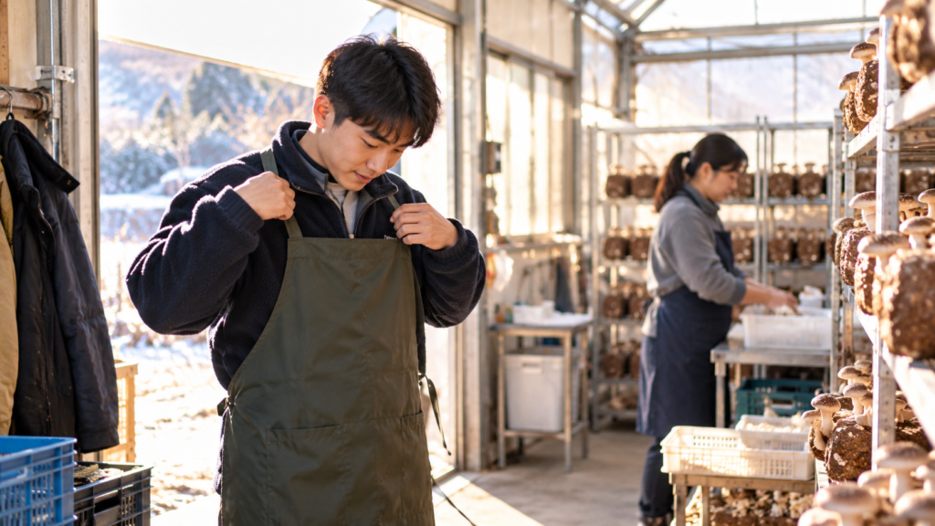冬の朝のしいたけ栽培ハウスで、就労継続支援B型事業所の利用者が作業用エプロンを身につけ、支援スタッフが作業準備をしている様子