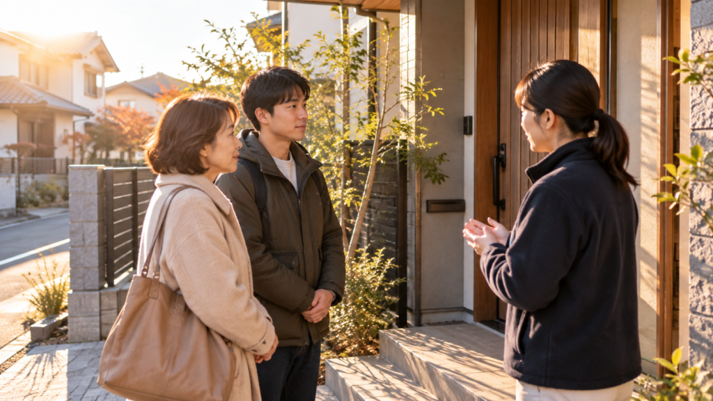 日本の障がい者グループホームの玄関前で、成人した子どもと保護者が職員から説明を受けている様子