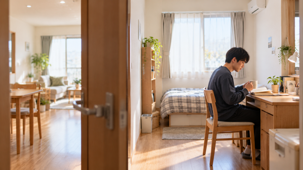 日本の障がい者グループホームの個室で、若い入居者が自室の机に向かって穏やかに過ごしている様子