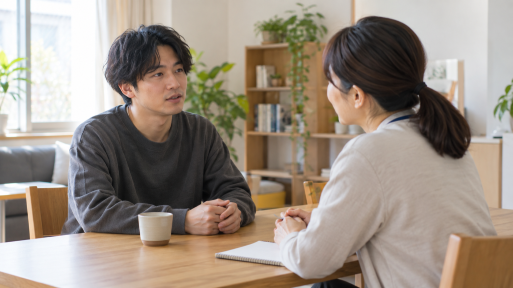 明るい福祉施設の相談スペースで、利用希望者の日本人男性と支援スタッフが穏やかに話し合っている様子
