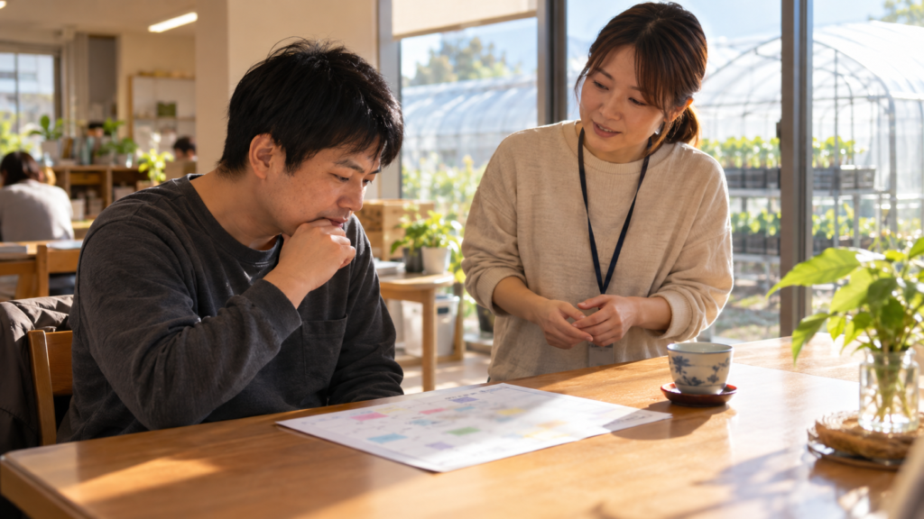 就労継続支援B型事業所の明るい休憩スペースで、週間予定表を見つめる利用者に支援スタッフが穏やかに声をかけている様子